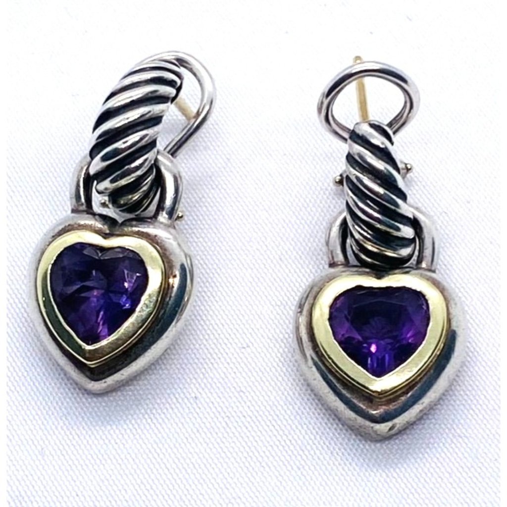 David Yurman Amethyst Heart Dangle Earrings Sterling Silver 14k